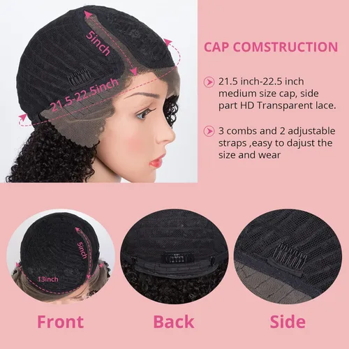 Vista 4 de QUEEN VIRGIN REMY QVR - Pelucas de cabello humano corto y rizado con corte Pixie de 13 x 5 x 1 pulgadas, pelucas de encaje frontal con cabello