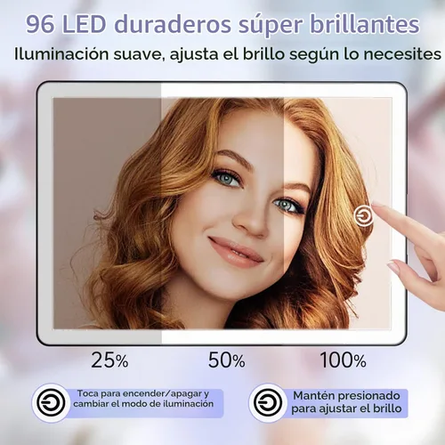 Vista 4 de FUNTOUCH Espejo de tocador de maquillaje recargable con luces, espejo de escritorio grande iluminado con 96 luces LED y aumento de 10x, iluminación