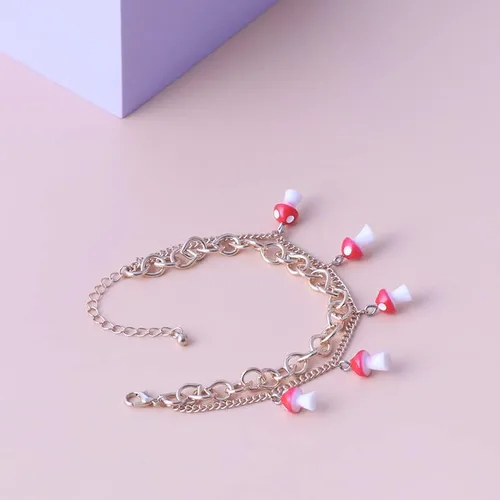 Vista 5 de Rrdaily Tobillera de doble capa con forma de hongo, bonita pulsera de hongo rojo, pulsera combinada para mujeres y niñas, Sin gemas.