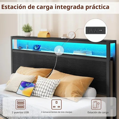 Vista 7 de FAVOOSTY Base de cama de tamaño matrimonial con cabecera de 2 niveles, plataforma de metal con 2 cajones de almacenamiento, luces LED y estación