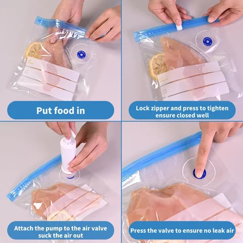 Vista 4 de Sous Vide - Bolsas de sellado al vacío reutilizables de 8 x 9 pulgadas para alimentos, bolsa selladora con cremallera al vacío con bomba de mano