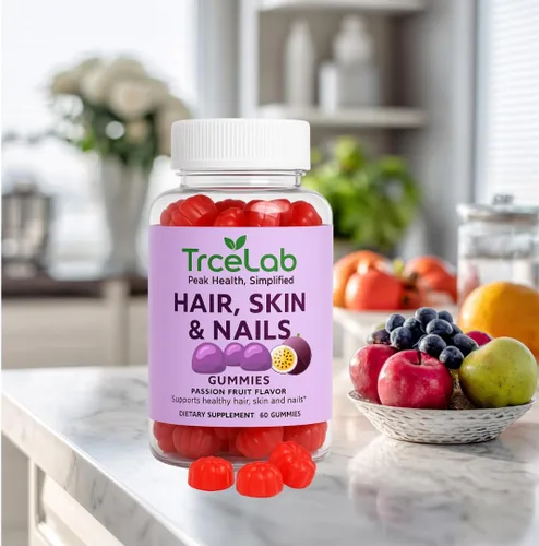 Vista 2 de Gomitas para el cabello, piel y uñas, gomitas para el crecimiento del cabello con 6000 mcg de biotina, sabor a maracuyá, vitaminas A, C, D, E
