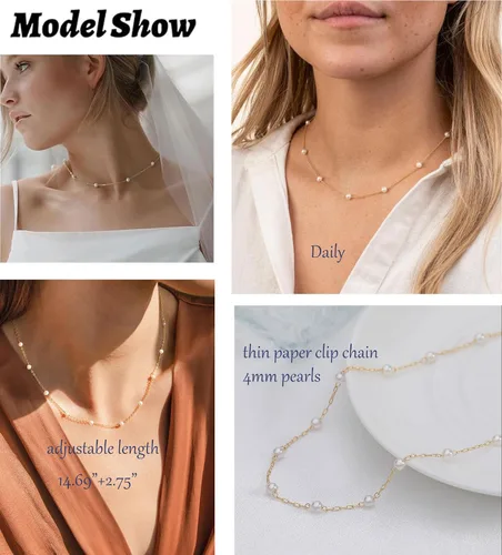 Vista 4 de TOSGMY Collares de perlas para mujer, gargantilla de perlas chapadas en oro de 14 quilates, collar de perlas de imitación hecho a mano, collar