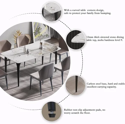 Vista 5 de Mesa de comedor de cocina de 63 pulgadas para comedor, cocina, comedor, espacio compacto con mesa de piedra sinterizada, 4 patas de metal negro