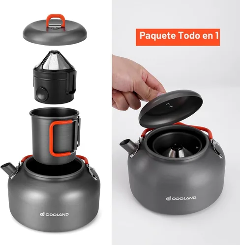 Vista 3 de Odoland Cafetera de camping Cafeteras de camping, hervidor de camping de 1.2 L con taza de camping y filtro de café de campamento de utensilios
