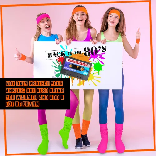 Vista 3 de 80s Neon Costumes Accessories Set Slouch Socks Sweatband Headband Wristband Neon Workout Outfit for Women Girl Cosplay Party