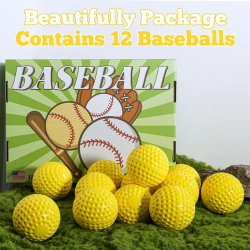Vista 6 de Paquete de 12 pelotas de béisbol amarillas con hoyuelos, pelota de entrenamiento de práctica de béisbol, pelotas de béisbol de 9 pulgadas, perfectas
