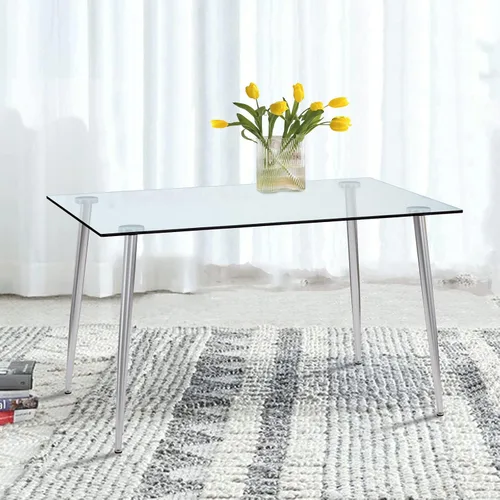 Vista 9 de Ebullient Mesa de comedor de cristal, mesa rectangular moderna de 51 pulgadas con amplia mesa de vidrio templado y patas de mesa de metal negro