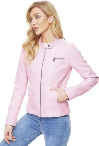 Vista 3 de Fahsyee Chaquetas de cuero con cremallera para mujer, abrigo de motociclista de poliuretano sintético