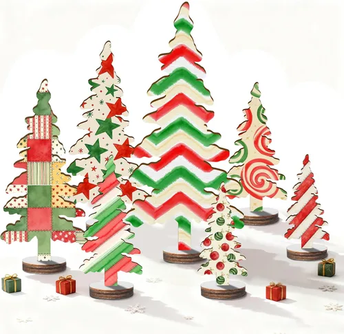 Vista 6 de 7 piezas de decoración de Navidad para interiores, mini árboles de Navidad, decoraciones de Navidad para el hogar, estantes, repisas, chimenea