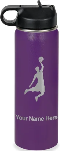 Vista 43 de LaserGram Botella de Agua Personalizada, Basketball Slam Dunk Man, Acero Inoxidable de Doble Pared con Aislamiento al Vacío con Pajita Abatible