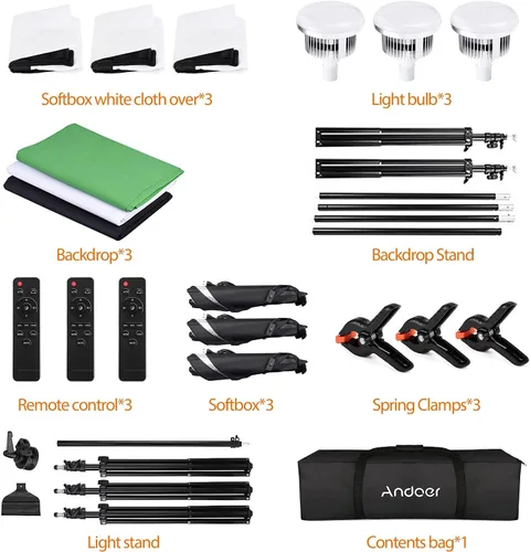 Vista 7 de Andoer Kit de iluminación fotográfica con fondos, caja de luz LED 2800K-5700K 85W, sistema de soporte de fondo de 6.5 x 10 pies, kit de iluminación