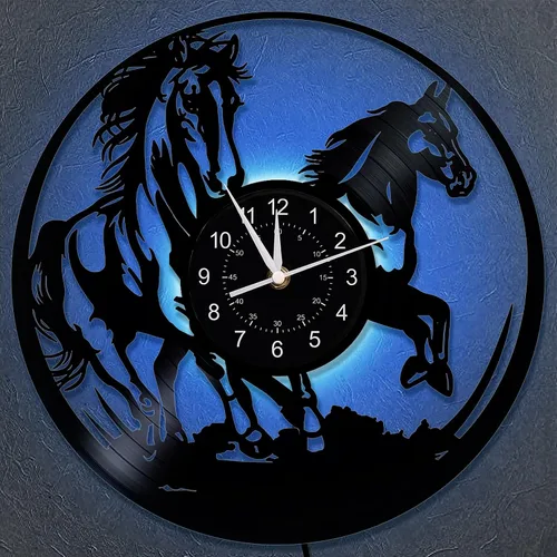 Vista 3 de Reloj de pared de caballo corriendo regulable, montaje en pared de 12 pulgadas, disco de vinilo con luces LED de caballo al galope, regalos