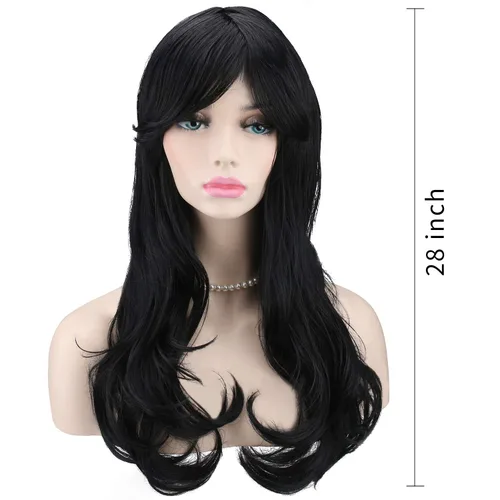 Vista 2 de Peluca de cosplay para mujeres con gorra, peluca de 28 in largo y ondulado resistente al calor de AKStor, Negro