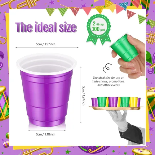 Vista 2 de Roshtia Paquete de 100 vasos desechables de 2 onzas, vasos de chupito de Mardi Gras, pequeños vasos de plástico para Navidad, fiesta de Año Nuevo