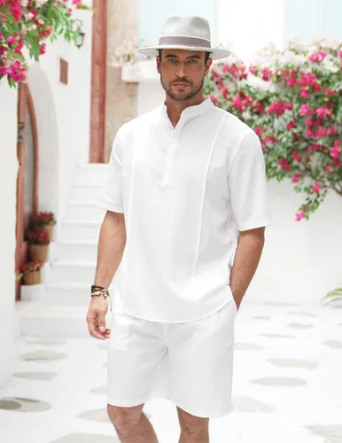 Vista 3 de COOFANDY Conjunto de lino de 2 piezas para hombre, camisa Henley, manga corta y pantalones cortos, trajes a juego para yoga y playa