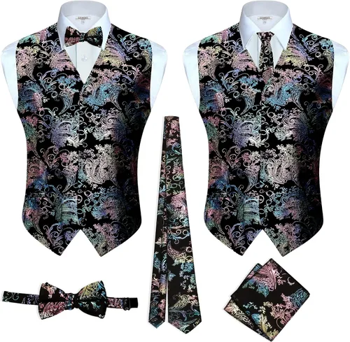 Vista 7 de Gioberti Chaleco formal de cachemira de 4 piezas para hombre, corbatín y pañuelo de bolsillo Negro B