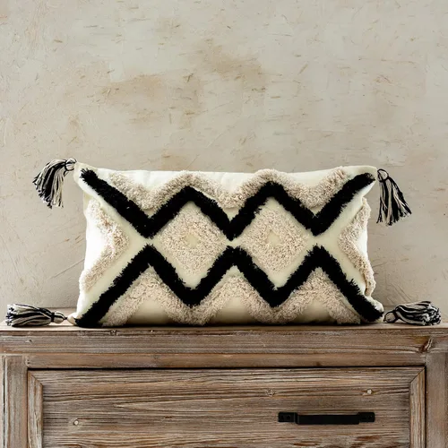 Vista 8 de Funda de almohada tejida estilo bohemio, moderna, decorativa, geométrica, a rayas, cheurón, con borlas, fundas de almohada tribales de granja