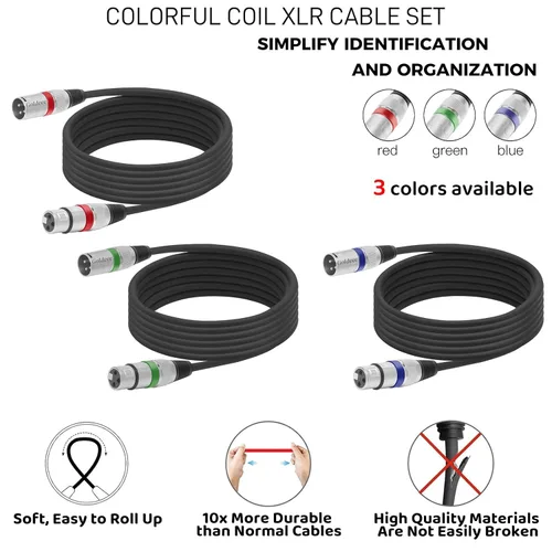 Vista 2 de Goldeee Paquete de 3 cables de micrófono XLR de 10 pies, XLR equilibrados de 3 pines macho a hembra para micrófonos, mezcladores de audio, sistemas