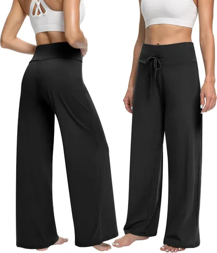 Vista 2 de ZOOSIXX Pantalones de pijama negros suaves para mujer, pierna ancha, cómodos, informales, para descansar, yoga, pantalones capri de 22 pulgadas 30