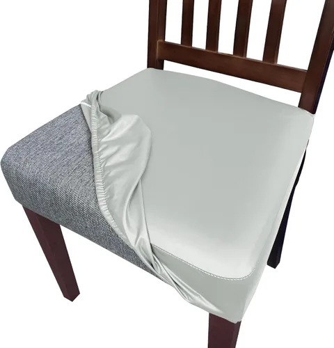 Vista 11 de Juego de 4 fundas de asiento impermeables de piel sintética para sillas de comedor, fundas de asiento suaves para sillas de comedor, funda Beige