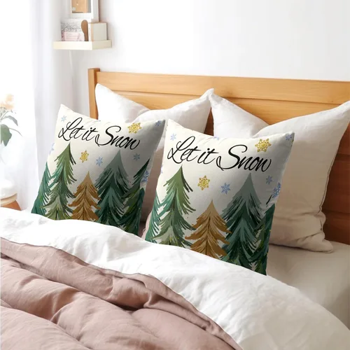Vista 8 de Juego de 2 fundas de almohada de árbol de Navidad de 18 x 18 pulgadas, fundas de almohada de invierno Let it Snow, diseño de copos de nieve, funda