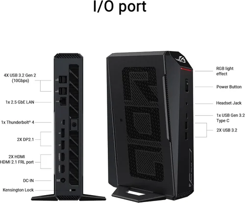 Vista 7 de Mini PC para juegos ROG NUC (2025) con CPU Intel® Core™ Ultra 7 (Serie 2) ARL-HX, NVIDIA® GeForce RTX™ 5060 MobileGPU, memoria RAM DDR5 de 32 GB