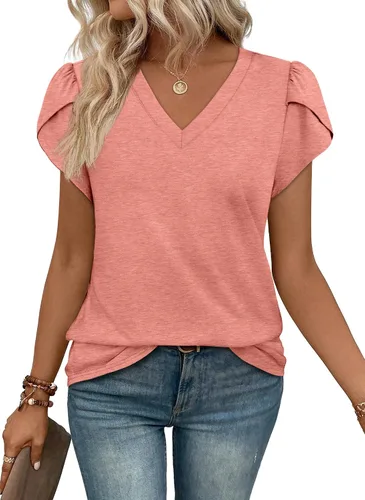 Vista 14 de WIHOLL Camisetas casuales de verano con cuello en V para mujer Negro