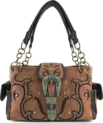 Vista 2 de Justin West Patina Girl - Bolso de mano con hebilla floral de bronce occidental