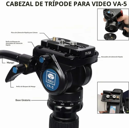 Vista 2 de Sirui Trípode de cámara de aluminio con monopié y cabeza de panorámica fluida VA-5, kit de trípode resistente de 160 cm para cámara DSLR