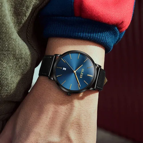 Vista 2 de OLEVS Brown Black Leahter Strap Quartz Analog Ultra Thin Minimalist Male Wrist Watches Waterproof Date Dial