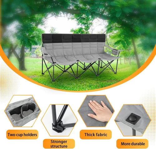 Vista 4 de Teenyyou Silla baja de camping para 3 personas con cojín grueso, silla plegable de gran tamaño para acampar en la playa, 700 libras, sofá biplaza