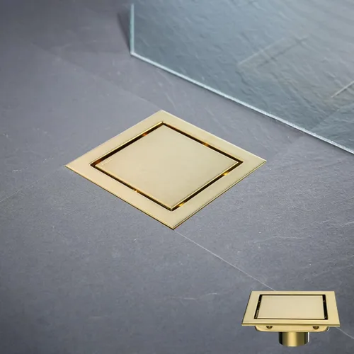 Vista 8 de Drenaje de ducha de 6 pulgadas en oro cepillado, kit de drenaje cuadrado para piso de ducha de acero inoxidable con rejilla de inserción de azulejos