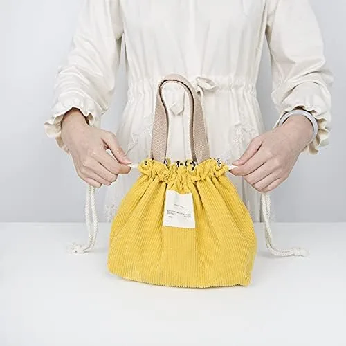 Vista 4 de Lonchera de pana para mujer, lonchera estética, con cordón, bonita bolsa de mano, suministros pastel (cordón azul)