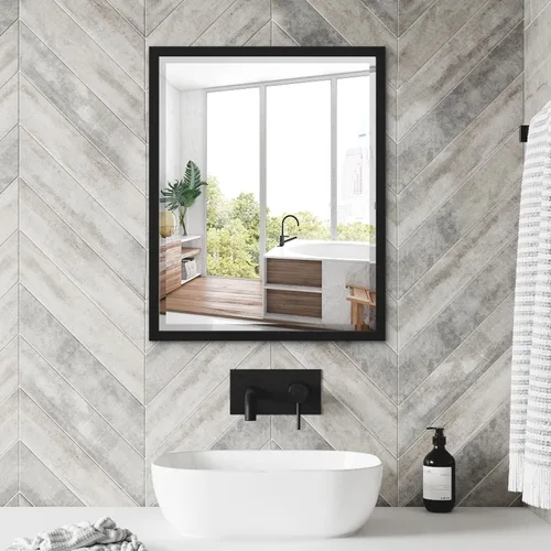 Vista 5 de Espejo de baño negro de 24 x 30 pulgadas, espejo rectangular de tocador con marco de metal, espejo decorativo rectangular montado en la pared