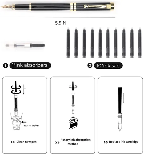 Vista 5 de Tiankool Pluma Estilográfica de Lujo, Plumín Fino, Exquisito Juego de Regalo de Plumas para Hombres y Mujeres - Incluye 10 Cartuchos de Tinta y Negro