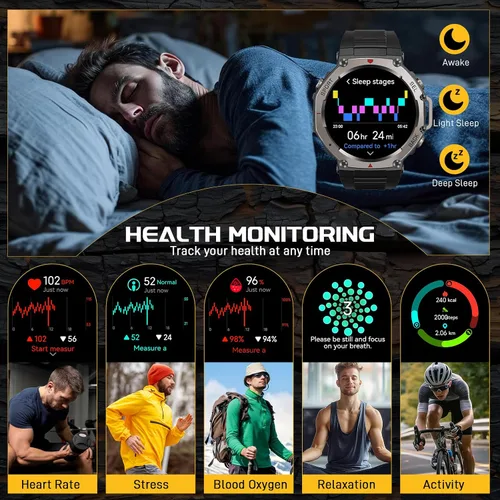 Vista 8 de Reloj inteligente militar para hombre, reloj inteligente con GPS integrado, 5 ATM, impermeable, 1.43 pulgadas, AMOLED, resistente, rastreador