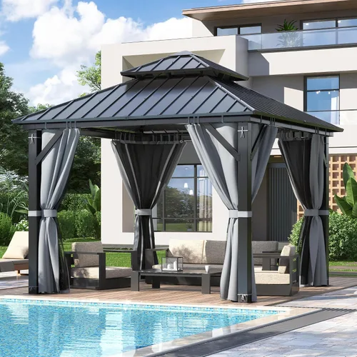 Vista 9 de GARTOO Gazebo de techo rígido para exteriores de 8 x 8 pies con techo doble Negro