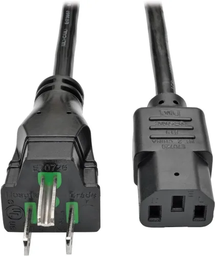 Vista 6 de Tripp Lite Cable de alimentación médico hospitalario, 13A, 16AWG, 5-15P a C13, transparente, 15 pies (P006-015-HG13CL), negro