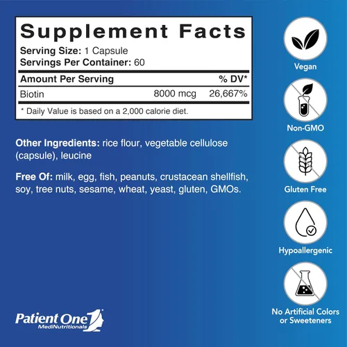 Vista 2 de Patient One Biotina 8mg Suplemento para apoyar la salud del cabello, la piel y las uñas* 60 cápsulas