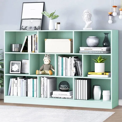 Vista 36 de IOTXY - Estantería de madera con espacios abiertos, 3 niveles, con patas, 5 cubos, color azul brillante Nordic Minimalist Style, MDF