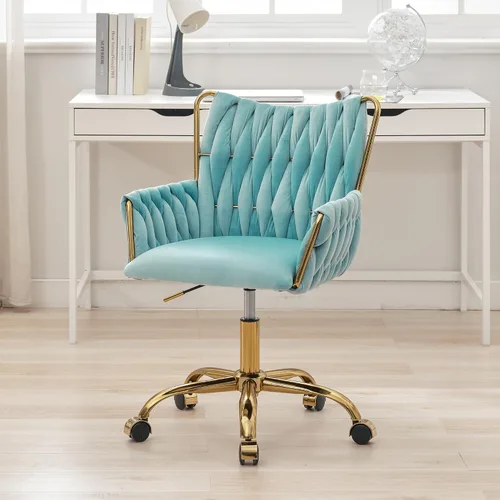 Vista 13 de Silla de escritorio de terciopelo, taburete de tocador, sin ruedas, moderno sillón dorado con patas de acento