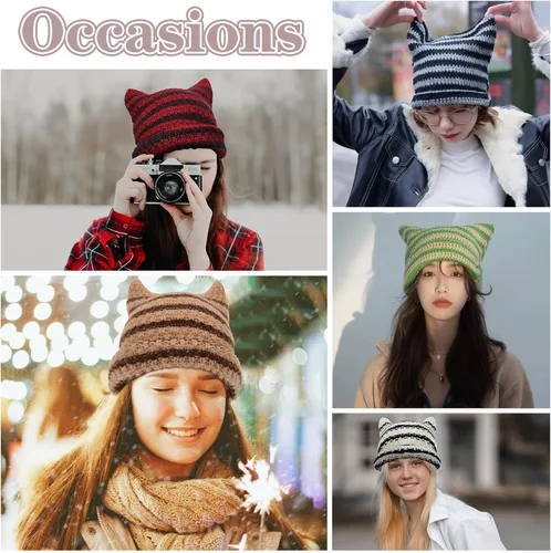 Vista 6 de Century Star Gorros de ganchillo para mujer, gorro de gato, gorro de invierno cálido de punto a rayas, accesorios de gorra Y2K, gorros holgados
