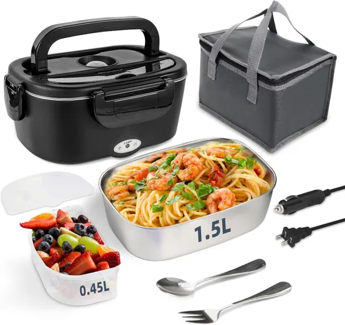 Vista 16 de SOHIDA Fiambrera eléctrica, calentador de alimentos portátil de 12 V/24 V/110 V con tenedor SS y cuchara para coche/camión/oficina, lonchera Negro