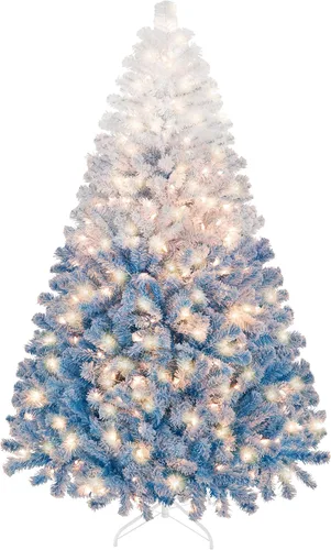 Vista 14 de Yaheetech - Árbol artificial de Navidad preiluminado de 9 pies con luces incandescentes de color blanco cálido, árbol de Navidad con flecos de Verde