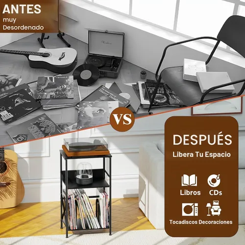 Vista 6 de DALEMHOME Soporte para tocadiscos con estación de carga, mesa auxiliar de 3 niveles para almacenamiento de 100 vinilos, mesa auxiliar para sala
