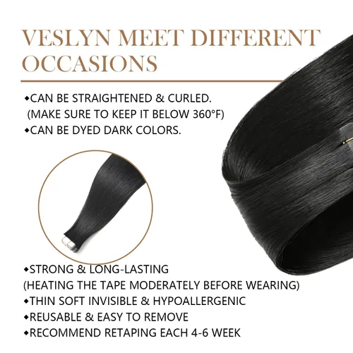 Vista 4 de Extensiones adhesivas de cabello humano de 24 pulgadas, color negro #1 Negro Azabache