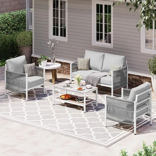 Vista 12 de Sofá de dos plazas de aluminio para patio exterior, sofá de patio de cuerda HDPE con cojín grueso lavable, muebles de patio para todo tipo de clima