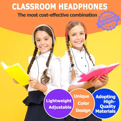 Vista 3 de Paquete de 10 auriculares para niños a granel para el aula escolar, auriculares multicolor con cable para estudiantes, auriculares ajustables