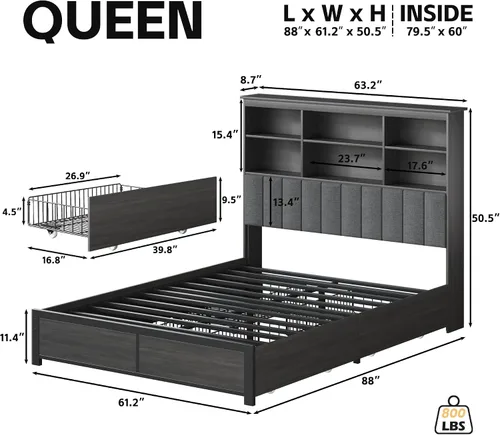 Vista 2 de HISOFT Base de cama Queen con cabecera de almacenamiento, cama de madera con estantería de alto almacenamiento, se envía en 2 cajones, 4 cajones